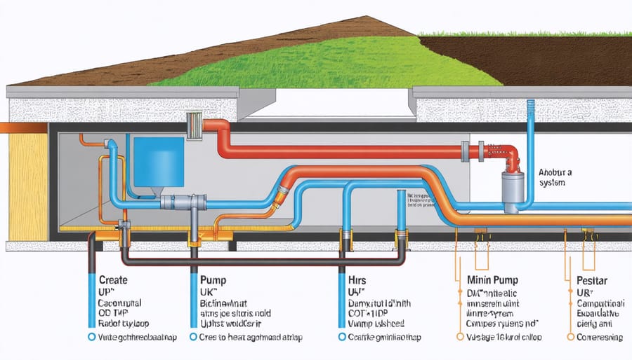 Illustration of a home's geothermal heating and cooling system showing underground pipes and indoor equipment