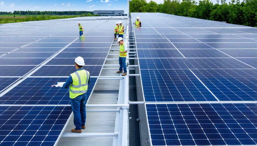 International solar panel production facilities showing cross-cultural collaboration between German and Chinese workers