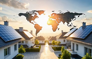 A modern residential neighborhood featuring solar panels on rooftops, illuminated by bright sunlight. The background includes global icons symbolizing international collaboration in solar technology development.