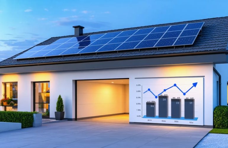 Illustration of a modern home equipped with solar panels and a battery storage system, accompanied by a cost chart showing the decline of battery prices, symbolizing the financial benefits of residential energy storage.
