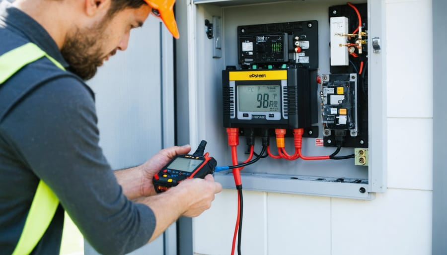 Technician installing residential battery storage system on garage wall
