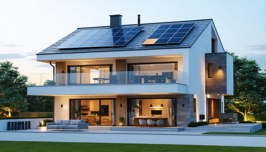 Modern house showcasing integrated solar panels and visible battery storage installation