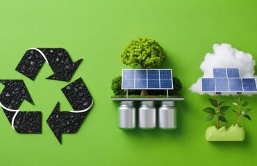 Conceptual representation of the recycling process for lead-acid batteries, showing transformation into new products and highlighting the connection with solar energy and sustainability.
