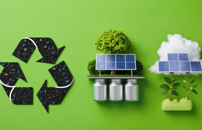 Conceptual representation of the recycling process for lead-acid batteries, showing transformation into new products and highlighting the connection with solar energy and sustainability.