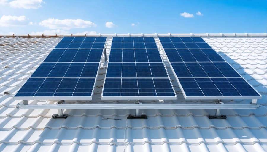 Residential rooftop with three solar panels installed in series with proper spacing and orientation
