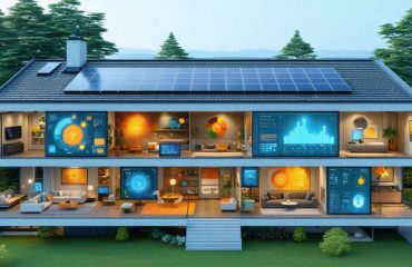 Illustration of a modern house with solar panels, accompanied by a smart energy dashboard showcasing customized energy usage analysis and savings, set in a sustainable residential environment.