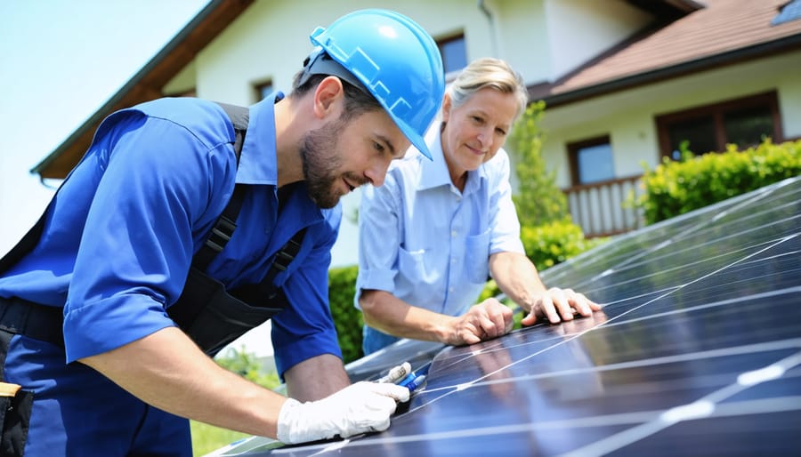 Solar technician and homeowner discussing maintenance during a proactive service visit