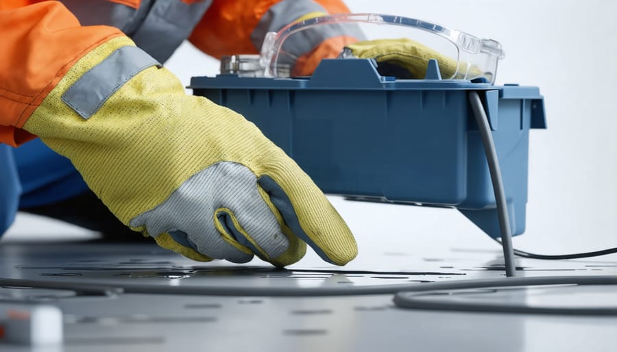 Technician demonstrating safe handling of a lead-acid battery with proper protective equipment