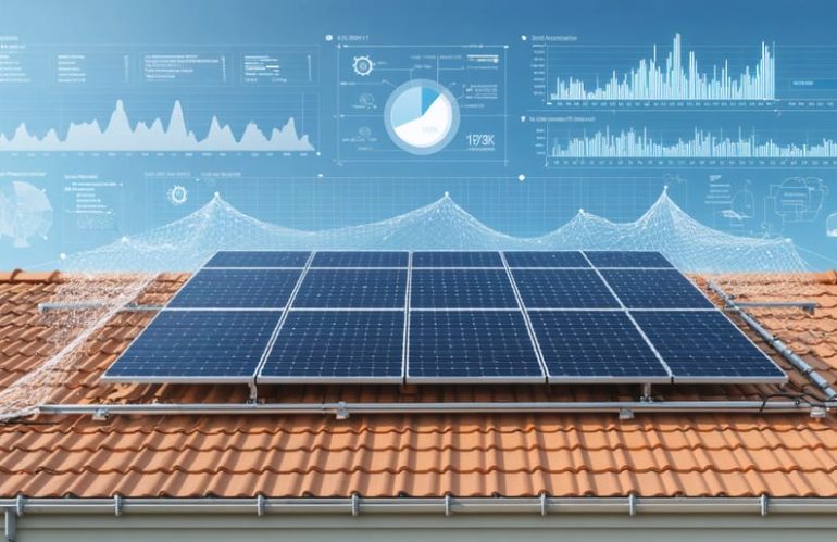 A conceptual collage showing a residential solar panel installation with data analytics overlays and protective net symbols, illustrating the theme of solar investment security and profitability with KWh Analytics.