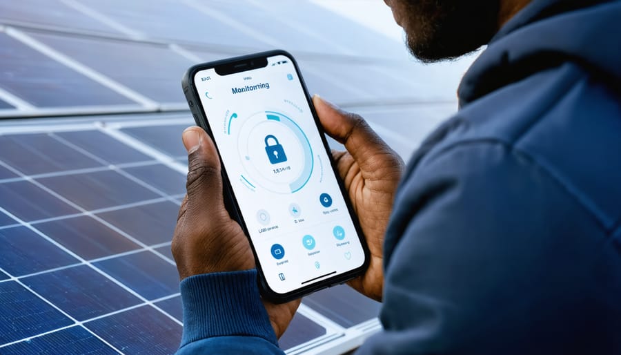Homeowner safely monitoring solar system through secure mobile application