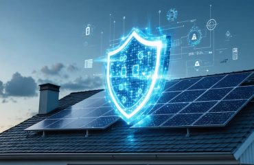 Illustration of a residential home with solar panels, half covered by a digital shield symbolizing security against cyber threats, highlighting the importance of solar energy system protection.