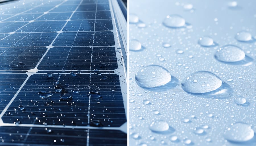 Comparison of water behavior on self-cleaning versus traditional solar panels