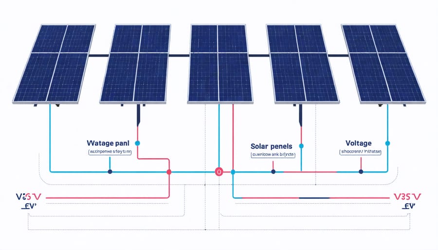 Technical diagram illustrating voltage addition in three series-connected solar panels