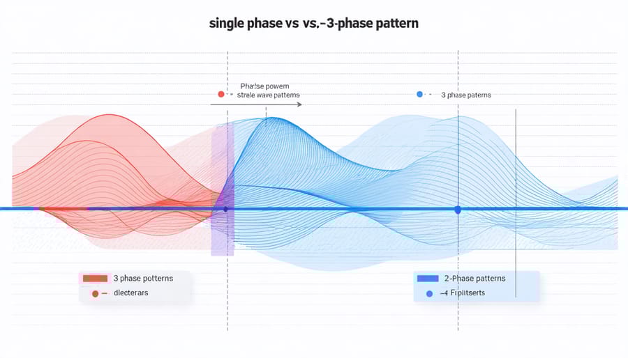 Comparative illustration of single-phase and three-phase sine wave patterns showing power distribution