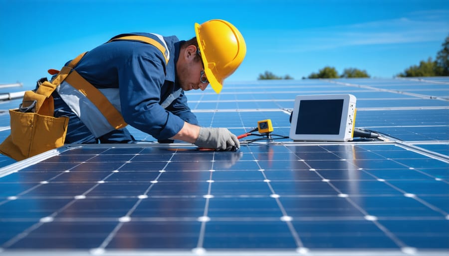 Professional installing predictive maintenance sensors on residential solar panel array
