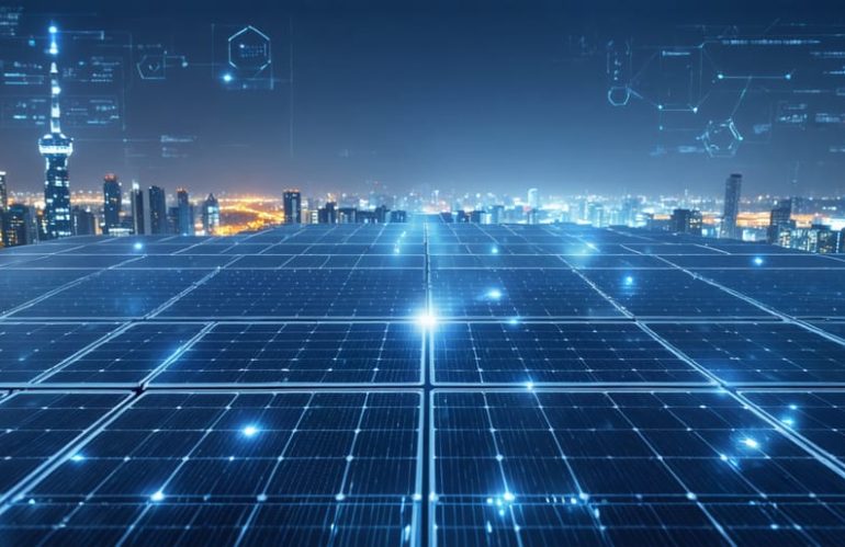Futuristic cityscape illuminated by solar panels with data networks and graphs, symbolizing how smart solar companies utilize data analytics and predictive maintenance to meet customer needs proactively.
