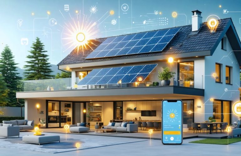 Illustration of a home with solar panels and interconnected smart devices, showing energy flow and connectivity through digital symbols and solar rays.