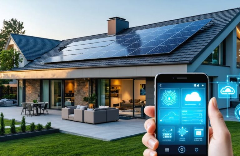 A modern home with integrated solar panels and a digital interface for real-time energy control, highlighting the seamless blend of solar technology and smart home features.