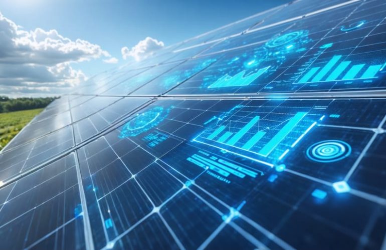Conceptual image of solar panels with a digital interface showing performance metrics and graphs, representing smart solar monitoring.