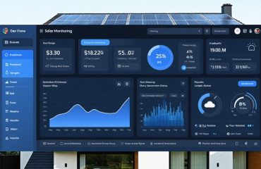 A modern solar monitoring dashboard showing live energy production graphs and system performance metrics with a background of a solar-equipped home, illustrating smart technology integration in residential solar systems.