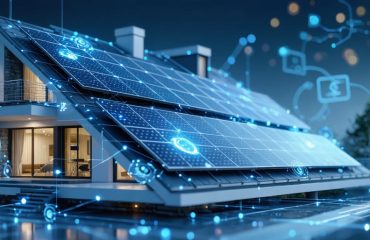 Futuristic solar panel installation on a modern home, with digital lines representing sensor networks and real-time monitoring, alongside gears and AI elements for predictive technology.