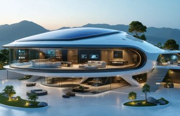 Futuristic home with transparent solar panels, advanced battery storage systems, and AI-driven energy management interface, symbolizing modern solar technology innovations.