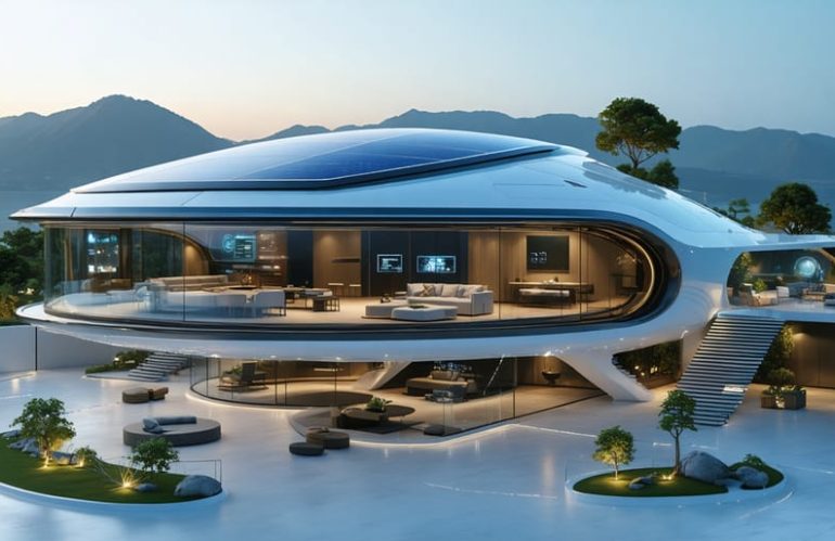 Futuristic home with transparent solar panels, advanced battery storage systems, and AI-driven energy management interface, symbolizing modern solar technology innovations.