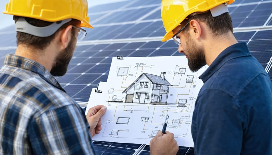Professional solar technician showing detailed solar system plans to homeowners