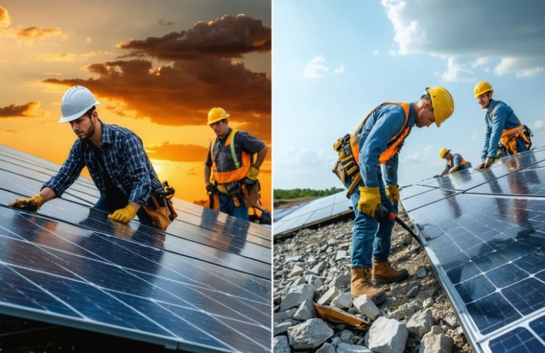 Split-image showing a successful solar installation team versus one facing challenges, underscoring the importance of contractor insurance.