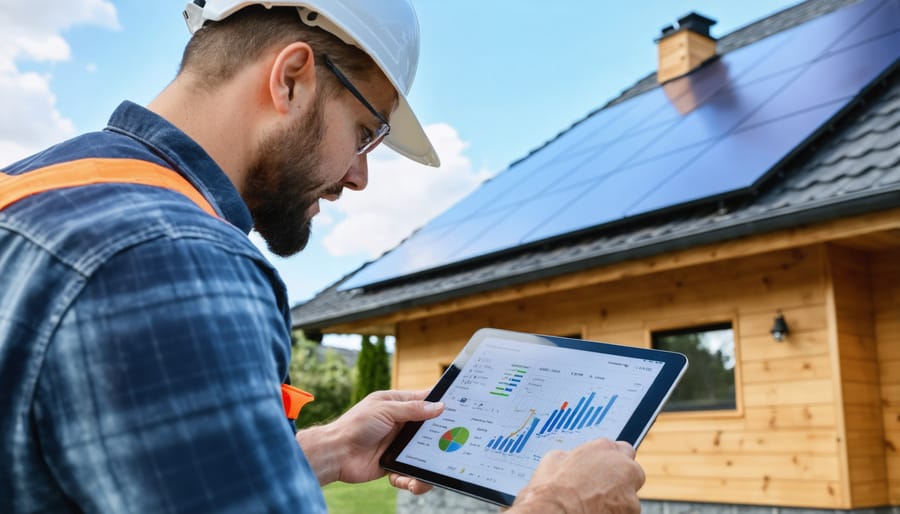 Solar service technician and customer reviewing installation feedback on digital device