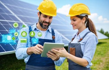 A solar technician and homeowner engaged in a conversation about solar installation improvements, highlighted by a digital tablet displaying feedback integration to enhance solar service quality.