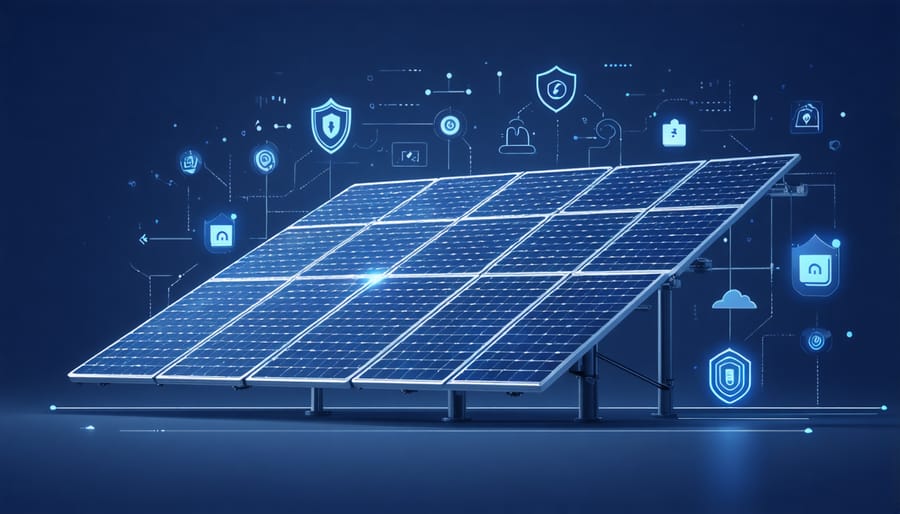 Illustration showing solar panels protected by digital security shields and monitoring systems