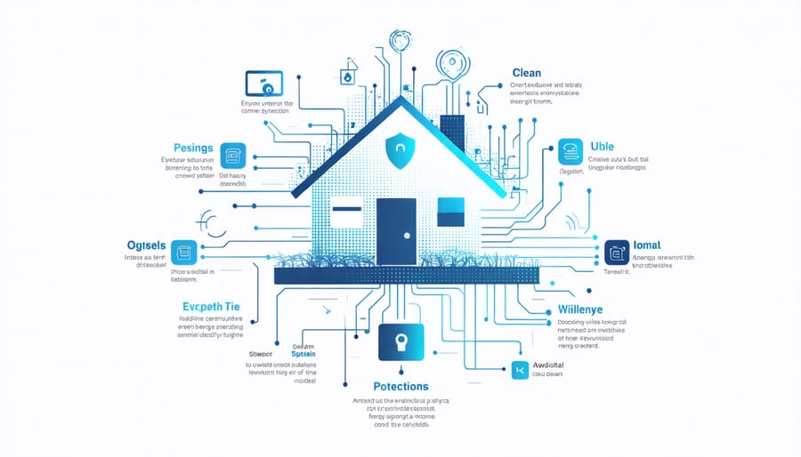 Digital illustration showing multiple security layers protecting a residential solar energy system