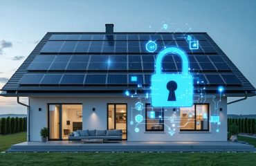 A contemporary home equipped with solar panels, emphasized by digital security elements, representing the protection and safety of solar energy systems against cyber threats.