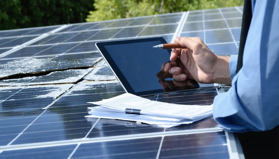 Professional insurance adjuster examining and documenting solar panel damage