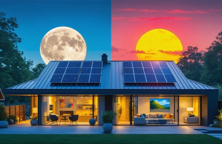 Illustration of a house with solar panels transitioning from day to night, powered by a visible battery system, symbolizing 24/7 solar energy storage.