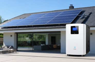 Modern home with solar panels on the roof and a wall-mounted energy storage unit, displaying energy flow and monitoring system, set in a green and sustainable environment.