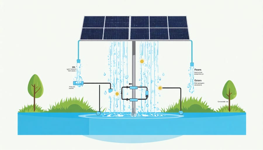 Technical diagram illustrating the key components and working mechanism of a solar water fountain