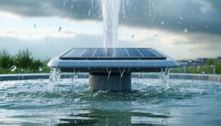 Solar fountain functioning in overcast conditions with performance data displayed