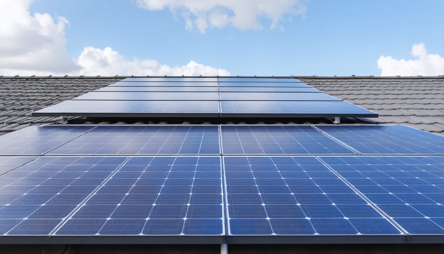 Modern home with solar panels and real-time performance monitoring display