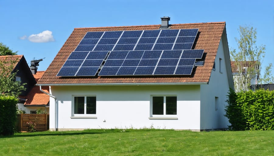 Modern house with rooftop solar installation and property value growth chart overlay