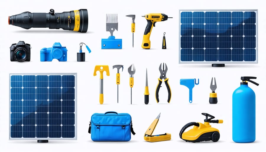 Professional solar installation tools including mounting hardware, meters, and specialized equipment
