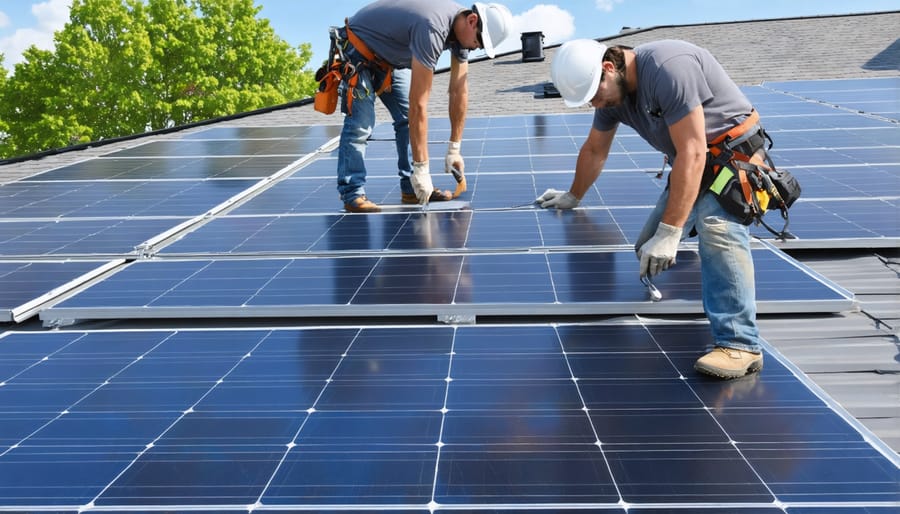 Professional solar installers wearing safety gear while mounting solar panels on a roof