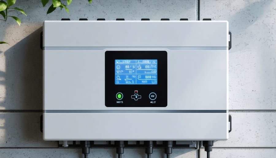 High-efficiency solar inverter showing digital performance metrics and efficiency rating