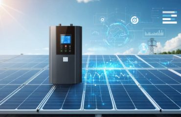 Conceptual image of a solar inverter as the "brain" of a solar system, showcasing digital displays, energy graphs, and connectivity symbols, set against a residential solar panel backdrop.