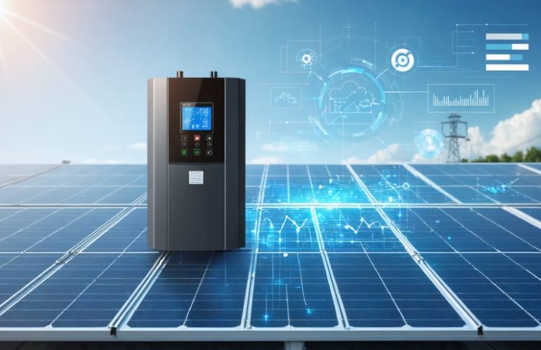 Conceptual image of a solar inverter as the "brain" of a solar system, showcasing digital displays, energy graphs, and connectivity symbols, set against a residential solar panel backdrop.