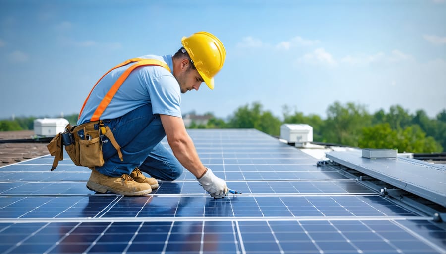 Professional solar technician inspecting and cleaning solar panels on a residential roof
