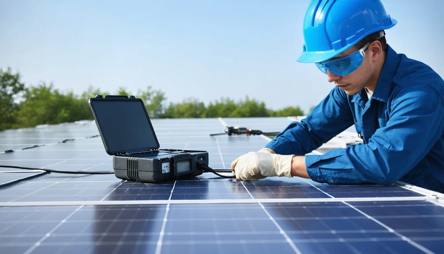Solar technician inspecting panels with maintenance tools and diagnostic devices
