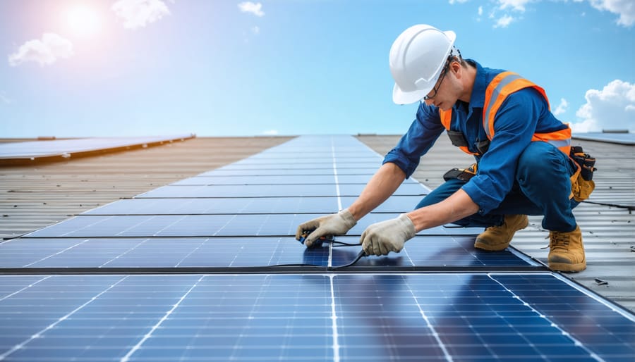Professional solar technician conducting preventive maintenance on rooftop solar installation