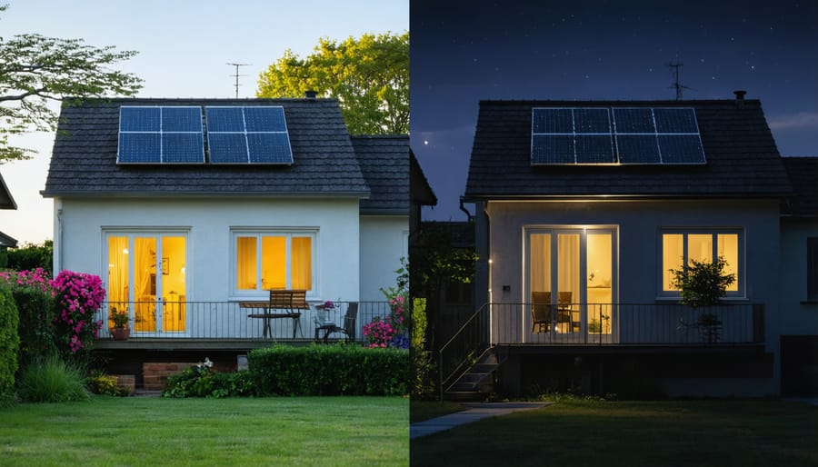 Contrast between a solar microgrid-powered home with lights on and surrounding homes during a power outage